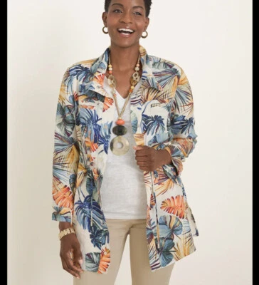 Chico's Tropical Palm Print Linen Utility Pocket Lightweight Jacket Size 1P - Image 1 of 4