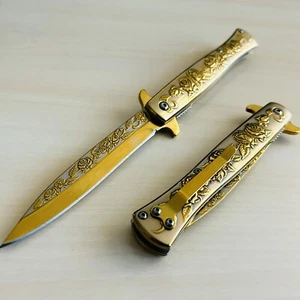 9” Gold Rose Flower Tactical Spring Assisted Open Blade Folding Pocket Knife - Picture 1 of 5