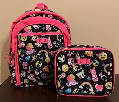 JUEGO DE MOCHILA Y LONCHERA DE JUSTICIA EMOJI EMOTICONOS NEGRO ROSA NUEVO ENVÍO RÁPIDO Foto 1 de 4