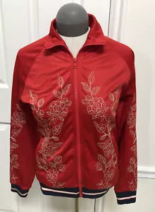 Forever 21 Red Satin Varsity Jacket Sparkle Silver Flowers Embroidered Sz M - Picture 1 of 9