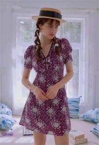 Movie Lolita Floral Print Short Sleeve Girl Purple Summer Dress Cosplay Summer - Picture 1 of 7