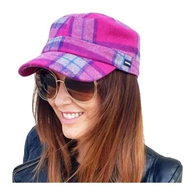Tweed Military Cap Newsboy Craggi Checkered Head Hat Womens Mens Vintage Pink - Image 1 of 2