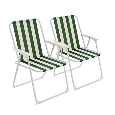 Portable Low pliant Camping Patio Plage Chaise Meubles - Green Stripe x2 - Photo 1/4