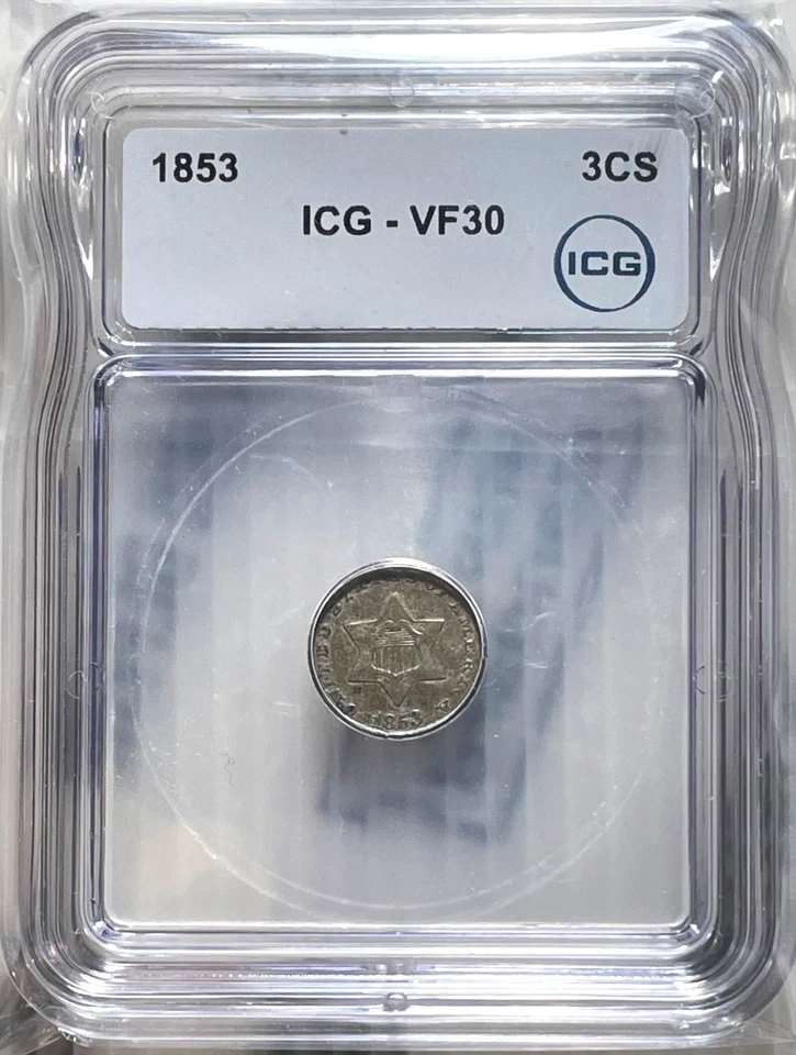 1853 3CS 3 Cent Silver ICG VF30 Nice Grade - Image 1 of 4