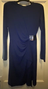 Michael Kors Small Navy Blue Logo Sliver Buckle Long Sleeve Faux Wrap Dress - Picture 1 of 8
