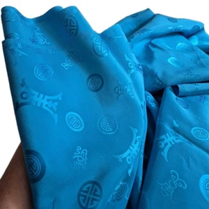 Vintage Pure Silk Fabric – 6 Yards Blue Teal Chinese Blessing Brocade, 29" Wide - Picture 1 of 13