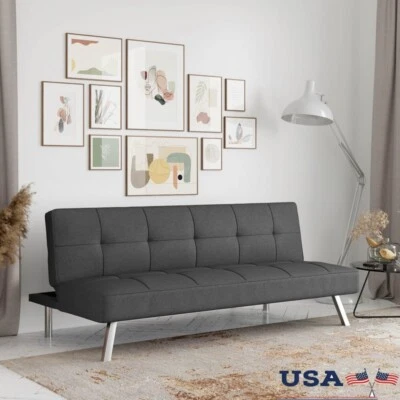 Convertible Futon Sofa Bed Modern High Density Foam Upholstery Chrome Legs New - Image 1 of 4
