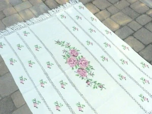 Vintage Handmade Crochet Afghan Blanket Throw Cross Stitch Pink Rose Green 46x58 - Picture 1 of 8