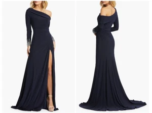 MAC DUGGAL 12231 ONE SHOULDER STRICK VERZIERTE MANSCHETTE STRETCH JERSEY MARINEBLAU KLEID 12 - Bild 1 von 4