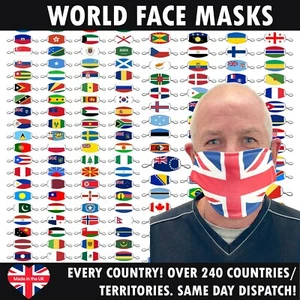 Lote de Máscara Facial Bandera Del País Reutilizable Lavable Transpirable Banderas Mundiales Hecho a Mano - Imagen 1 de 254