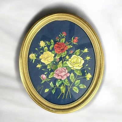 复古深色花卉 Crewel 刺绣金色镀金维多利亚椭圆形木架 23"x19.5" — 第 1/4 张图片