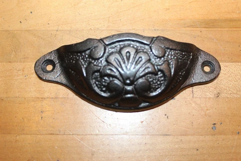 Antique Victorian Cast Iron Detailed Bin Apothecary Cupboard Drawer Pull L-26 Cover
