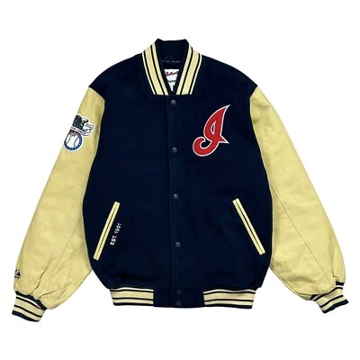 VTG 90s MLB CLEVELAND INDIANS MAJESTIC VARSITY JACKET LEATHER WOOL SIZE L - Image 1 of 4