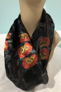 Halloween Scarf Happy Jack-o'-Lantern Patch Black Satin Sheer Teacher Office 58" - Picture 1 of 5