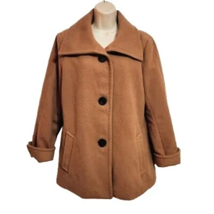 JM Collection | Large Button Front Collared Swing Winter Pea Coat Tan Medium - Picture 1 of 11