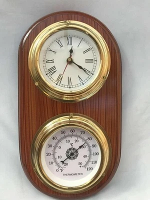 Clock Marine Nautical Wooden Brass Clock Thermometer Weather Station Wall Decor - Image 1 of 4