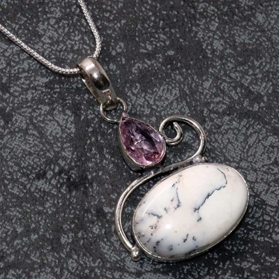 925 Silver Plated Long Dendritic Opal Pink Kunzite Necklace Size 18" MJ - Image 1 of 3