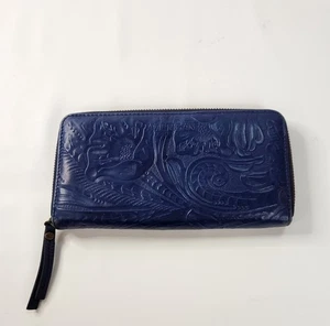 American Leather Co. Zip Around Wallet in Embossed Tooled Leather Navy  - Picture 1 of 15