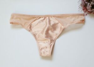 Women Sexy Thongs Solid Satin&Mesh Underwear Hipster G-string Panties Beige S