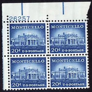 Scott #1047 Monticello (Charlottesville VA) Plate Block of 4 Stamps MH P#26257UL - Picture 1 of 2