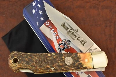 CUCHILLO HECHO EN EE. UU. QUEEN CUTLERY CO CIERVO QUEMADO HOMBRE DE MONTAÑA JACK BLOQUEO (20892) Foto 1 de 4