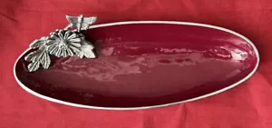 Oval Serving Bowl Burgundy Red Enamel Base Aluminum? Pewter? Flowers Butterflies - Picture 1 of 8