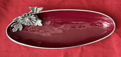 Oval Serving Bowl Burgundy Red Enamel Base Aluminum? Pewter? Flowers Butterflies - Image 1 of 4