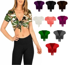 Women Short Sleeve Tie Up Front Cardigan Ladies Bolero Shrug Cropped Cardigan - Picture 1 of 27