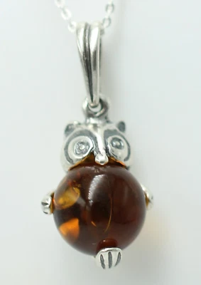 Ciondolo Gufo Ambra IN 925 Argento Sterling Collier Collana Alto - Immagine 1 di 4