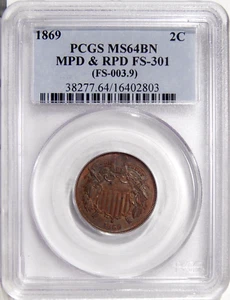 1869 2c PCGS MS 64 BN MPD & RPD FS-301 ~ TWO CENT COPPER REPUNCHED DATE VARIETY - Picture 1 of 2