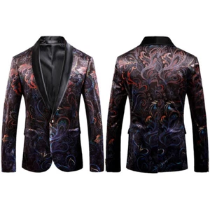 Herren Blumenmuster Samt Kleid Jacke Anzug Blazer Mantel formelle Reversjacke Smoking Tops - Bild 1 von 9