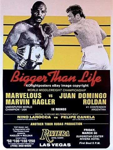 Original Vintage On Site Marvin Hagler vs. Juan Roldan Boxing Fight Poster Cover