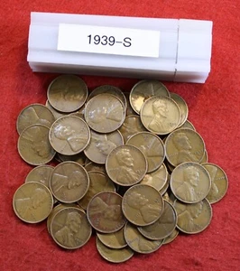 1939-S Lincoln Wheat Cent Penny 50 Coin roll Circulated - Picture 1 of 3