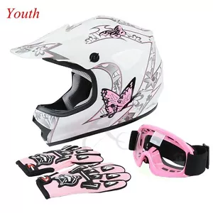 Youth Pink Butterfly Dirt Bike ATV MX Helmet w/Motocross Goggles+gloves S M L XL - Picture 1 of 19