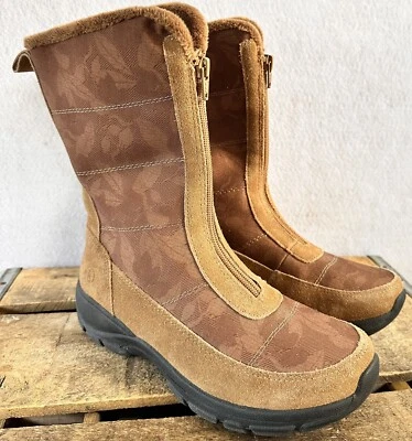 Lands’ End Snow Suede Boots Brown Faux Fur Trim Wedge Women’s 8.5 Leaf Design - Image 1 of 4