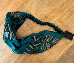 L. Erickson Beaded Embellished Satin Headband Emerald Green Elastic Hairband - Picture 1 of 5