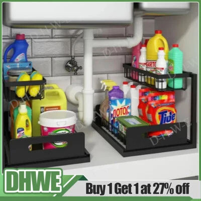 2 Tier Pull Out Basket Drawer Kitchen Under Sink Cupboard Organiser Storage Rack - Image 1 of 4