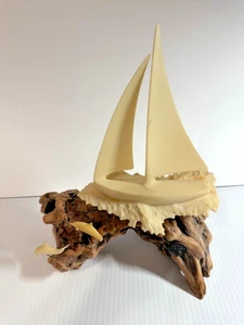 John Perry Sail Boat & Dolphin Sculpture on Burl Wood - Picture 1 of 8