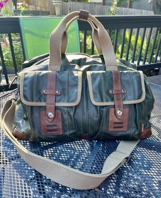 Bolso de Lona de Fin de Semana de Viaje de Lona Encerada Verde Fossil y Cuero Marrón con Correa Foto 1 de 4