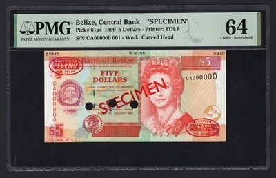 Belice 5 Dólares 1-1-1999 P61as "Especimen N.001" Sin Circular Grado 64 Top Pop Foto 1 de 2