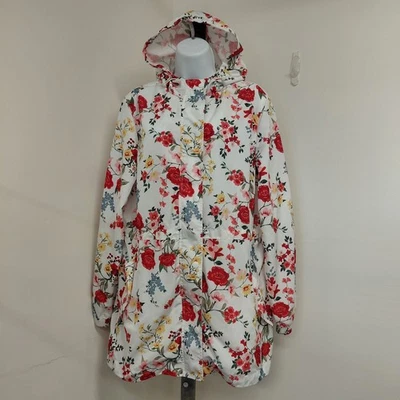 Linda Anderson Raincoat Women's Size Large Pink White Hooded Packable Floral ... - image 1 of 4