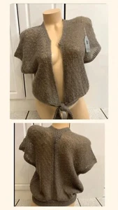 Vintage Sweater Shrug Wrap Crop Ties Brown Khaki Short Sleeve Womens 1980s NEW - Picture 1 of 6
