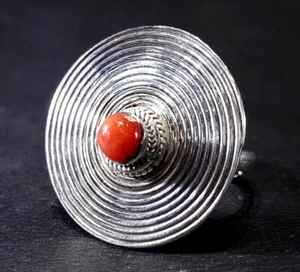 Adjustable Sterling Silver Red Coral Nepal Tibetan Spiral Ring Healing Bohemian - Picture 1 of 2