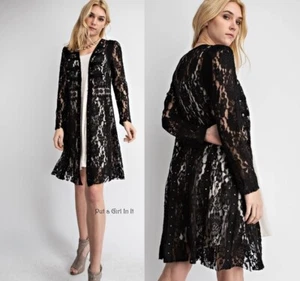 New VOCAL Womens BLACK STUDDED LACE FAUX SUEDE CARDIGAN DUSTER JACKET S M L XL - Picture 1 of 9