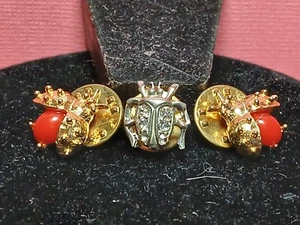 Vintage LADYBUG Pinback Pin Metal Silver Gold tone Enamel Rhinestone Lady Bug   - Picture 1 of 16