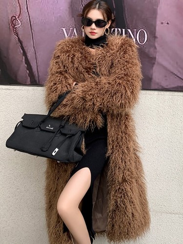 VETEMENTS Cappotto donna pelliccia di pecora mongola lana pelliccia lunga sopra il ginocchio soprabito trench