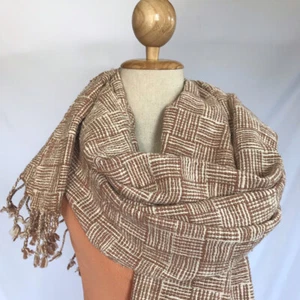 Thai Cotton Hand Woven Shawl Wrap Brown Natural Tablecloth Multi-Purpose 24"X62" - Picture 1 of 12