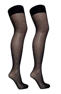 Black Plain Top Fine Net Diamond Patterned Stockings 10 Denier One Size - Picture 1 of 3