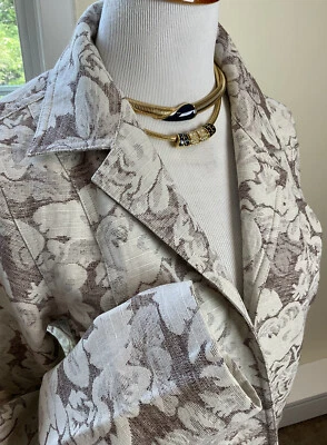 NWT QVC DIALOGUE LINEN/COTTON JACQUARD OPEN FRONT JACKET FLORAL BEIGE SZ 8 - Image 1 of 4