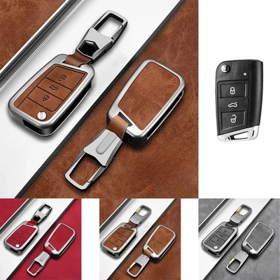 Zinc Alloy Leather Car Key Fob Case Cover For VW Polo Leon Golf MK7 Seat Karoq - Image 1 of 4